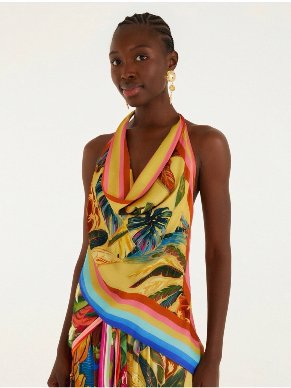 FARM Rio Yellow Tropical Scarf Halter Top with Multicolor Stripes - Picture 3 of 6